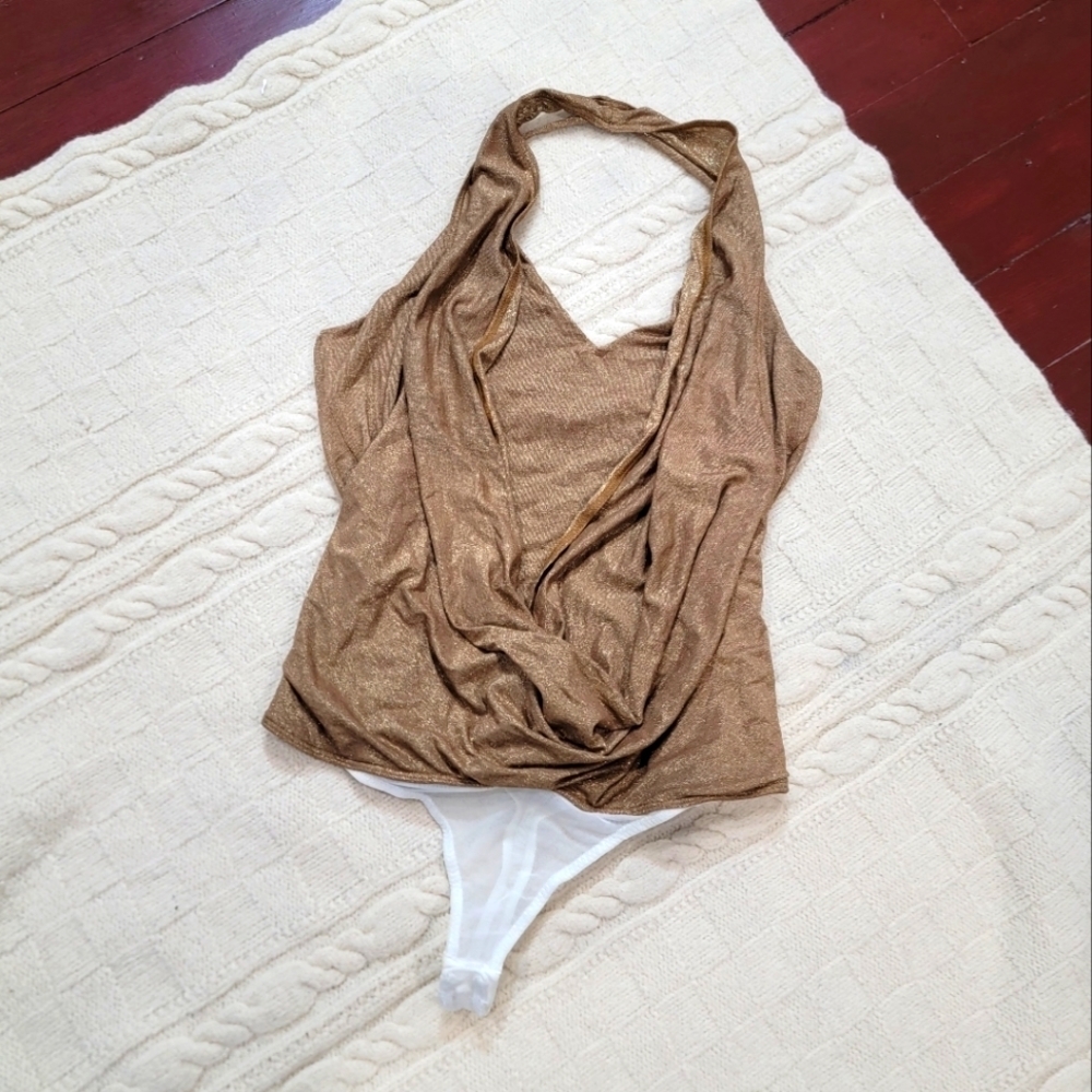 y2k Style Marciano Drape Cowl Halter Shimmer Metallic Thong Bodysuit size S Tan